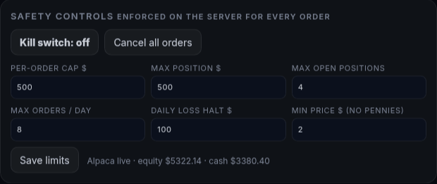 Safety controls: kill switch, cancel all orders and dollar limits (example data)